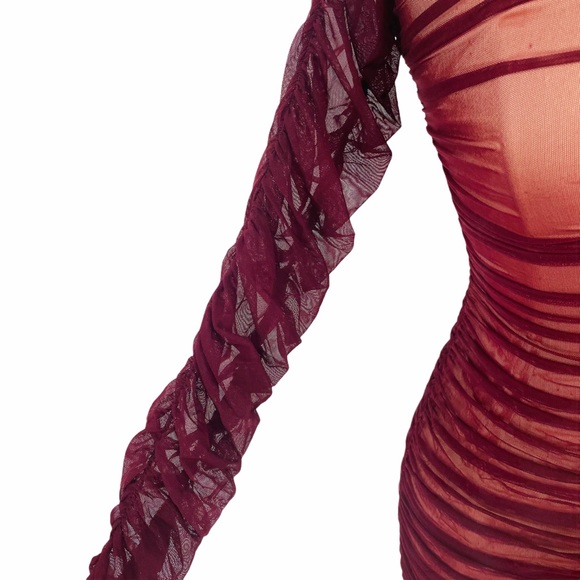Ryse the Label Zuri-Mesh Cranberry Ruched Dress K3 - Picture 4 of 5